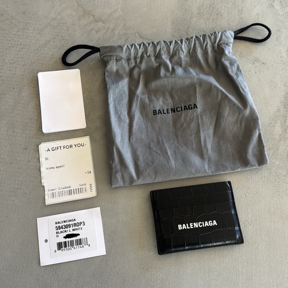 Balenciaga Logo Croc Embossed Leather Card Case Black